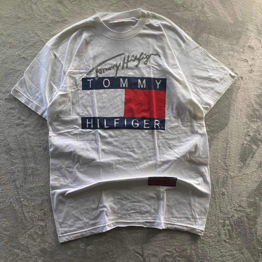 Vintage Tommy Hilfiger Athletic Gear T-Shirt White Large Big Flag Logo 90s USA